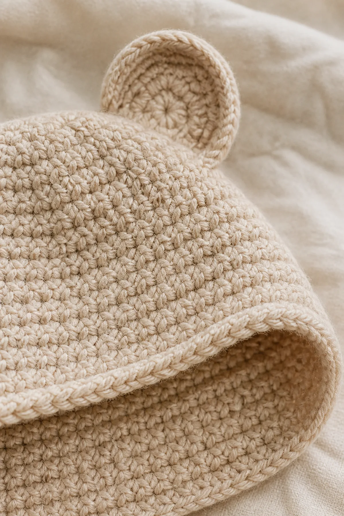 Close view of the stitches and finishing details on the crochet baby bear hat