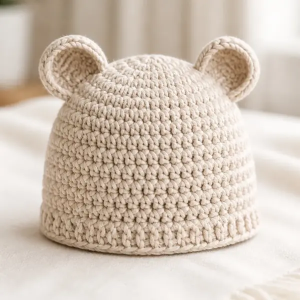 Finished soft oatmeal baby beanie with two small rounded bear ears photographed in natural daylight