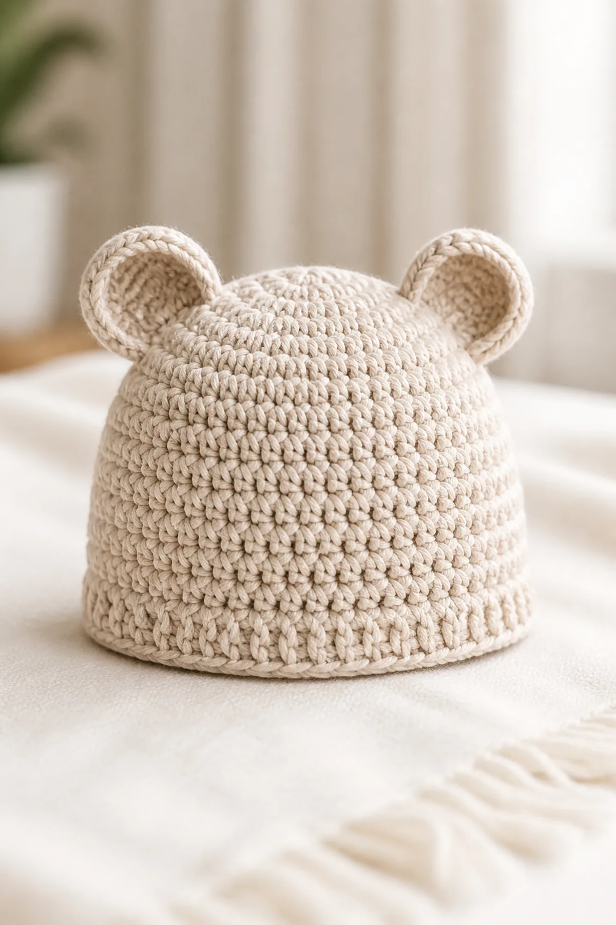 Finished soft oatmeal baby beanie with two small rounded bear ears photographed in natural daylight