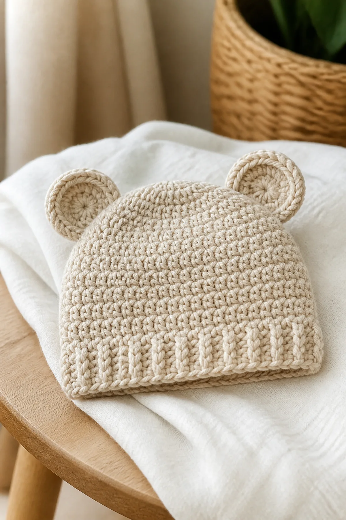 Completed crochet baby bear hat styled in a clean finished setting