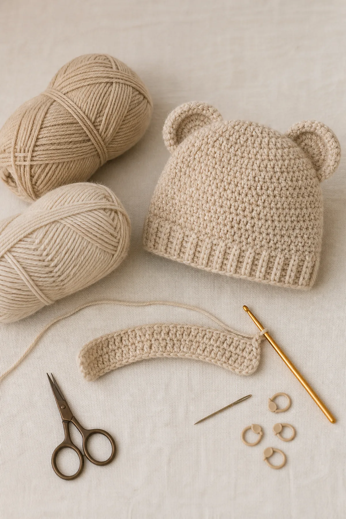 Yarn, crochet hook, and notions arranged for the crochet baby bear hat