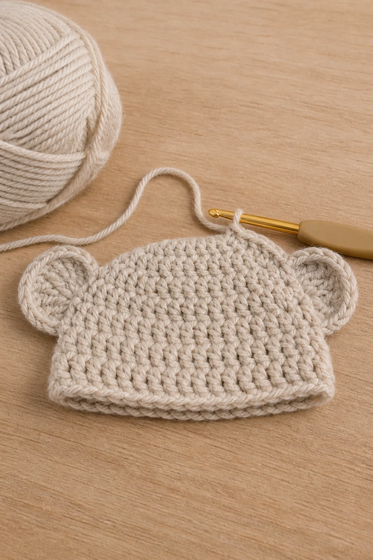 Early crochet construction stage of the crochet baby bear hat