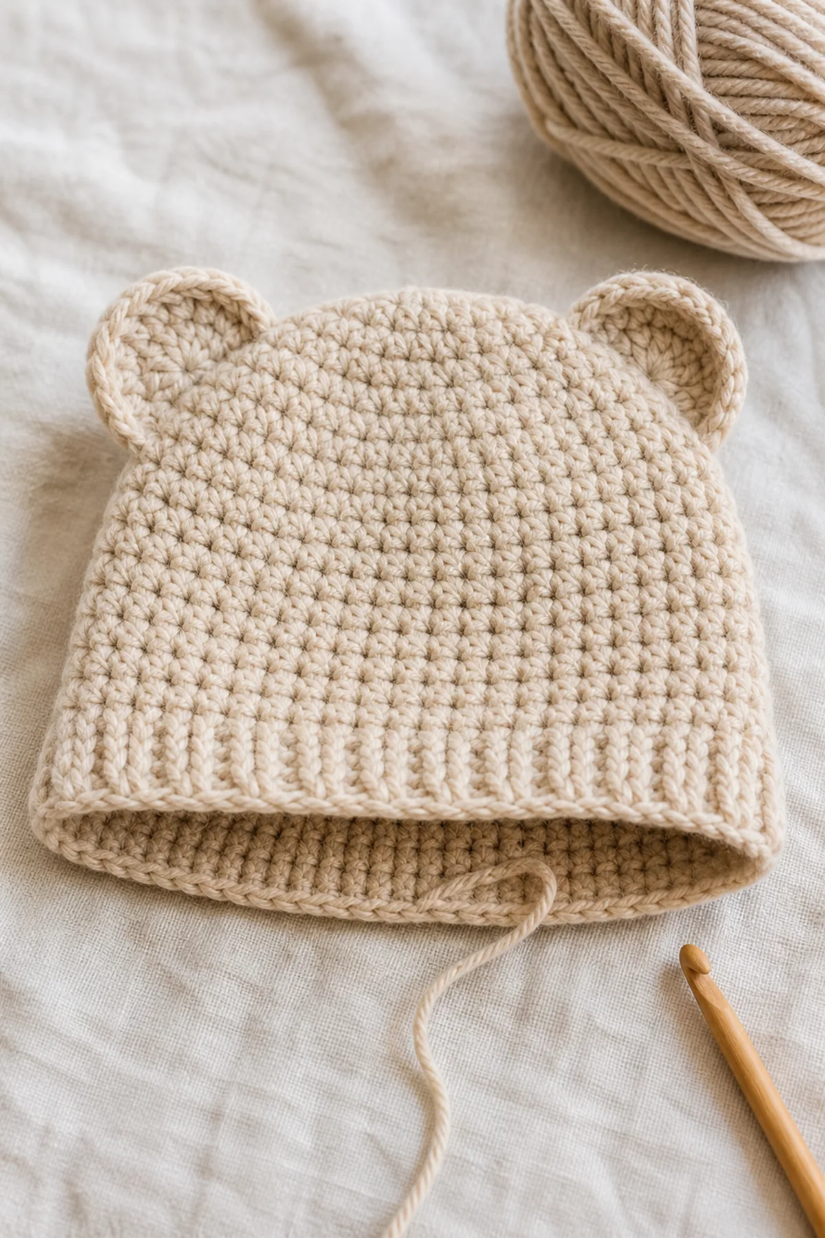 Later shaping and assembly stage of the crochet baby bear hat