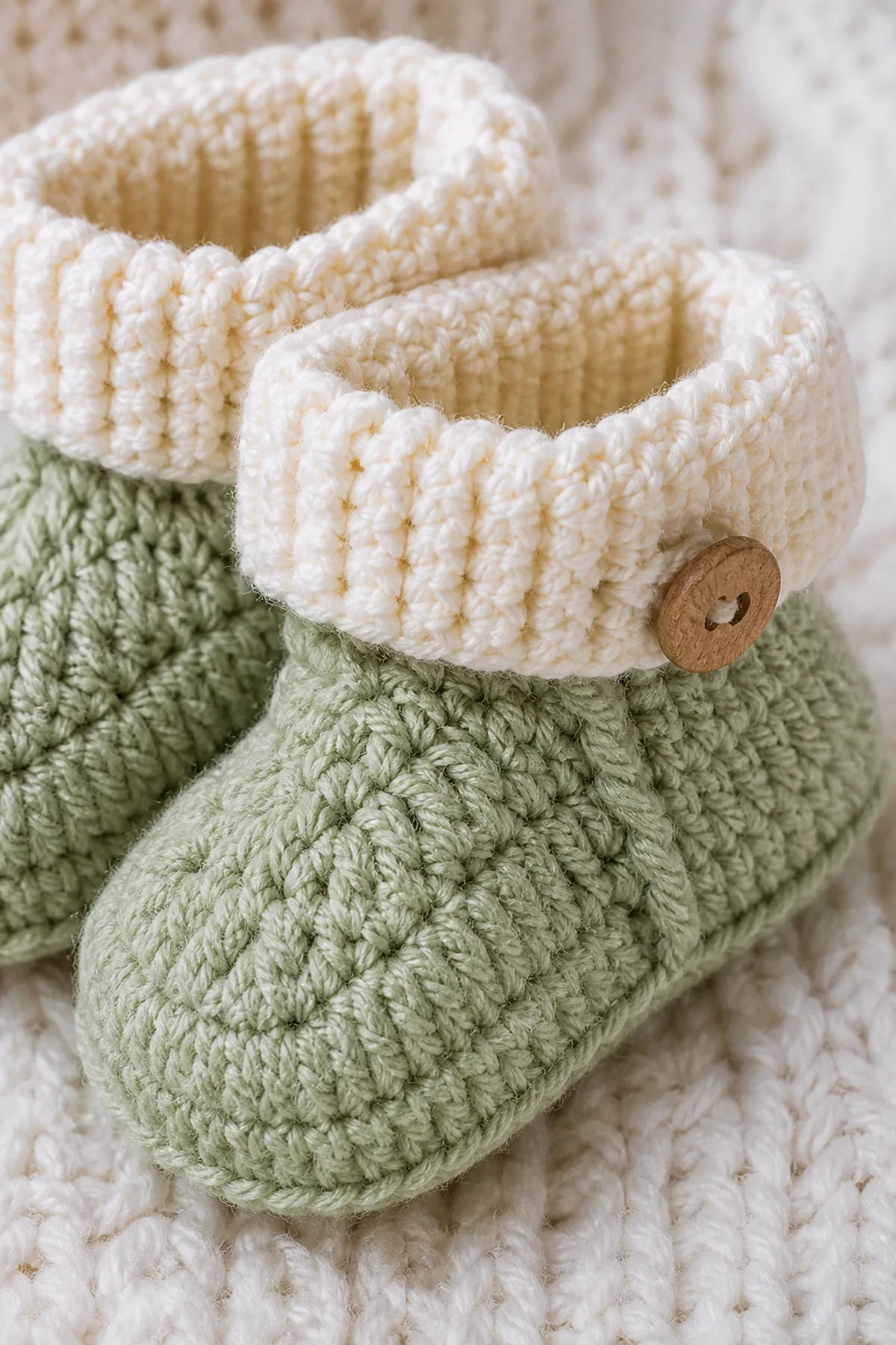 Close view of the stitches and finishing details on the classic crochet baby booties free