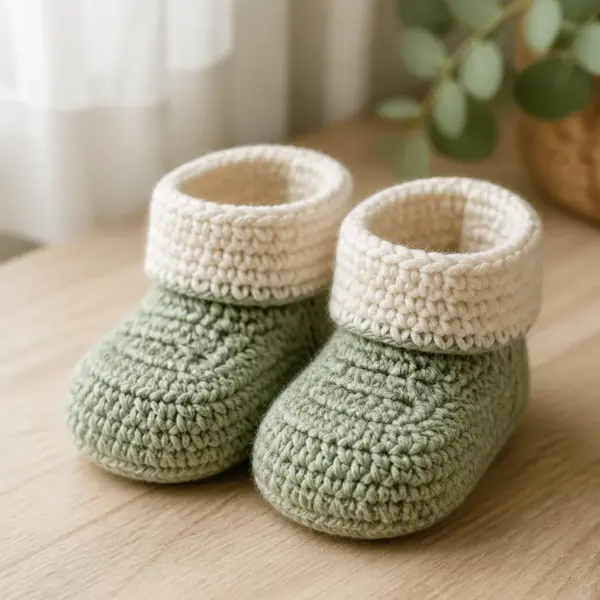 Finished soft sage baby booties with cream folded cuffs and no buttons, cords, or loose decoration photographed in natural daylight