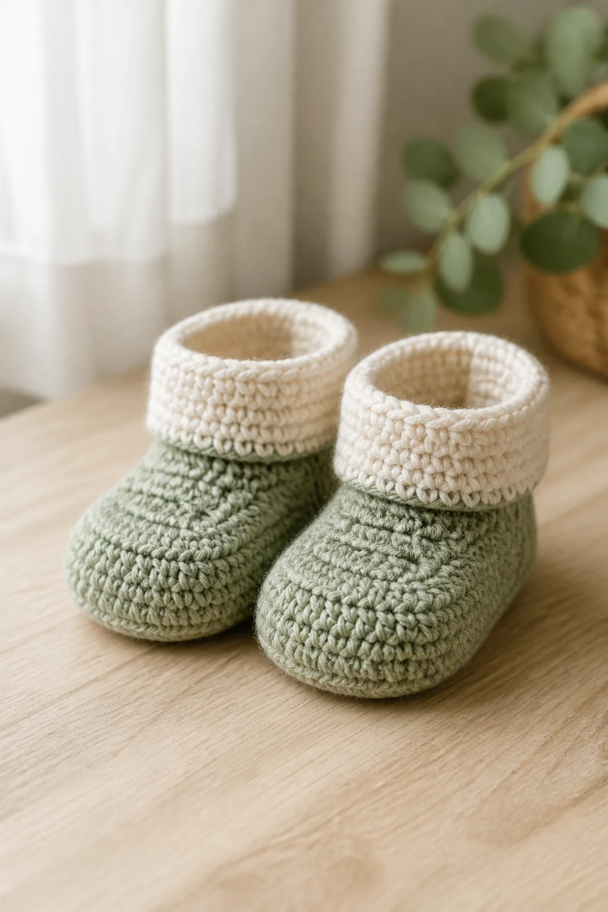 Finished soft sage baby booties with cream folded cuffs and no buttons, cords, or loose decoration photographed in natural daylight