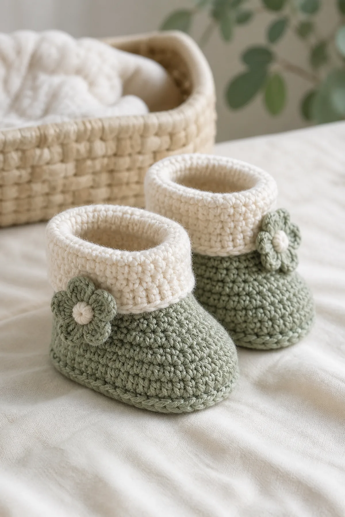 Completed classic crochet baby booties free styled in a clean finished setting