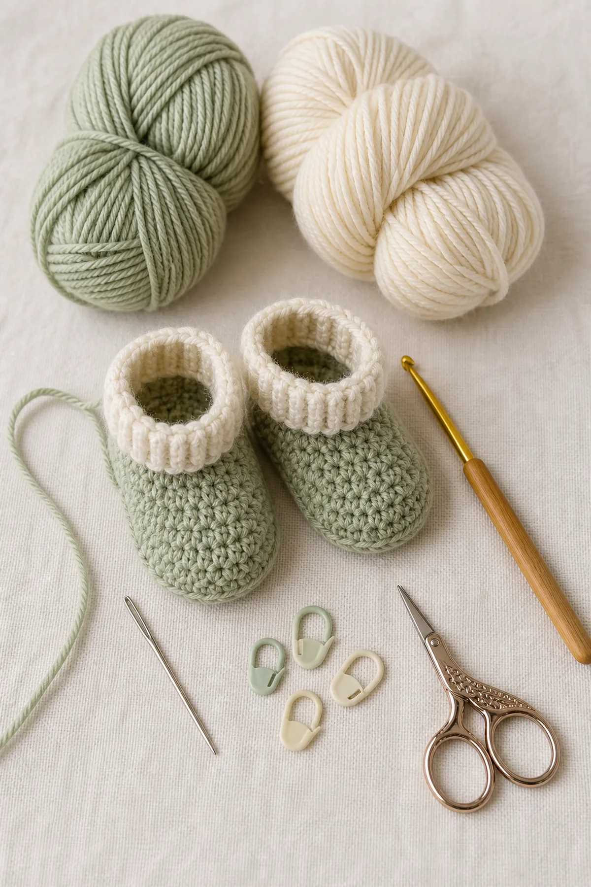 Yarn, crochet hook, and notions arranged for the classic crochet baby booties free