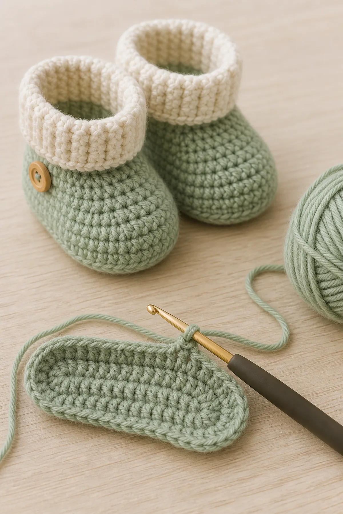 Early crochet construction stage of the classic crochet baby booties free