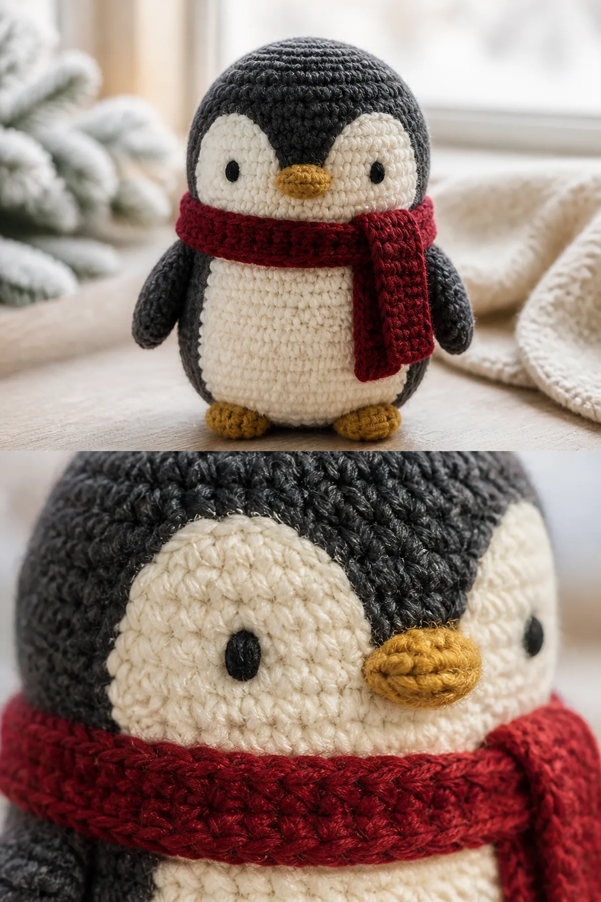 Close view of the stitches and finishing details on the crochet christmas penguin amigurumi