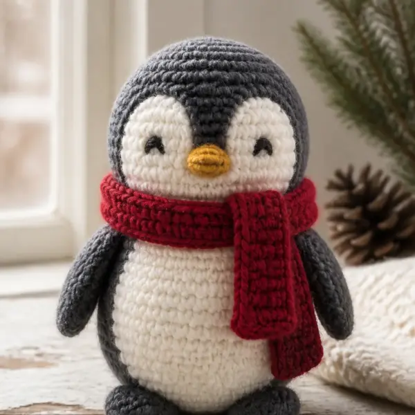 Finished charcoal and cream penguin with a cranberry-red scarf and mustard embroidered beak photographed in natural daylight