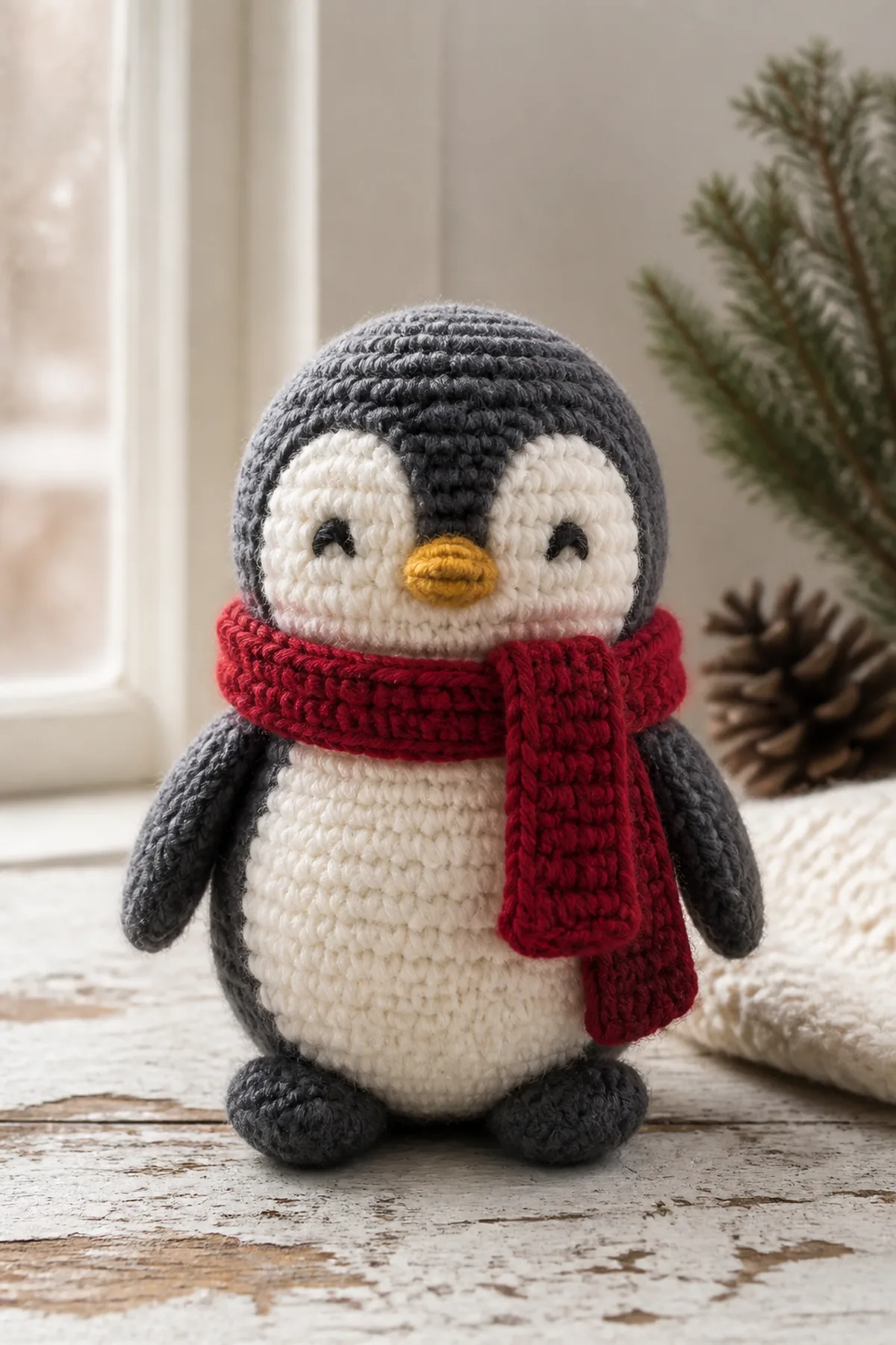 Finished charcoal and cream penguin with a cranberry-red scarf and mustard embroidered beak photographed in natural daylight