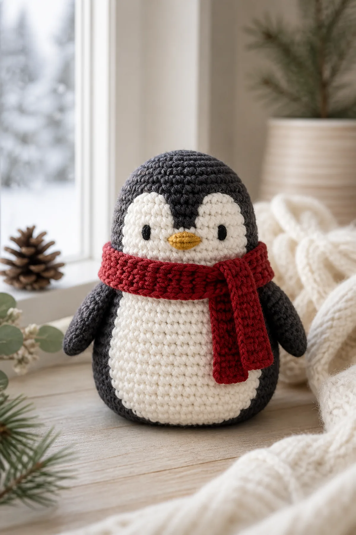 Completed crochet christmas penguin amigurumi styled in a clean finished setting