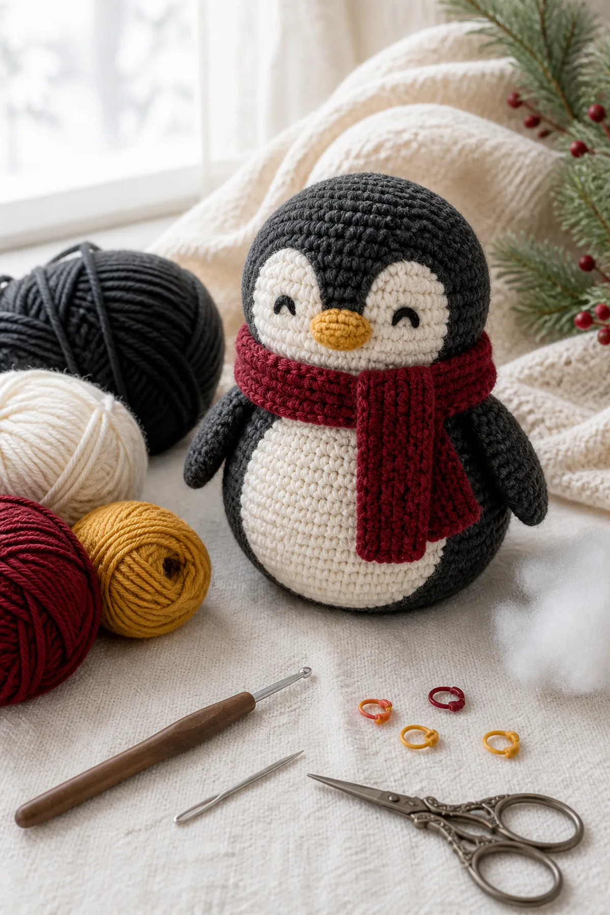 Yarn, crochet hook, and notions arranged for the crochet christmas penguin amigurumi
