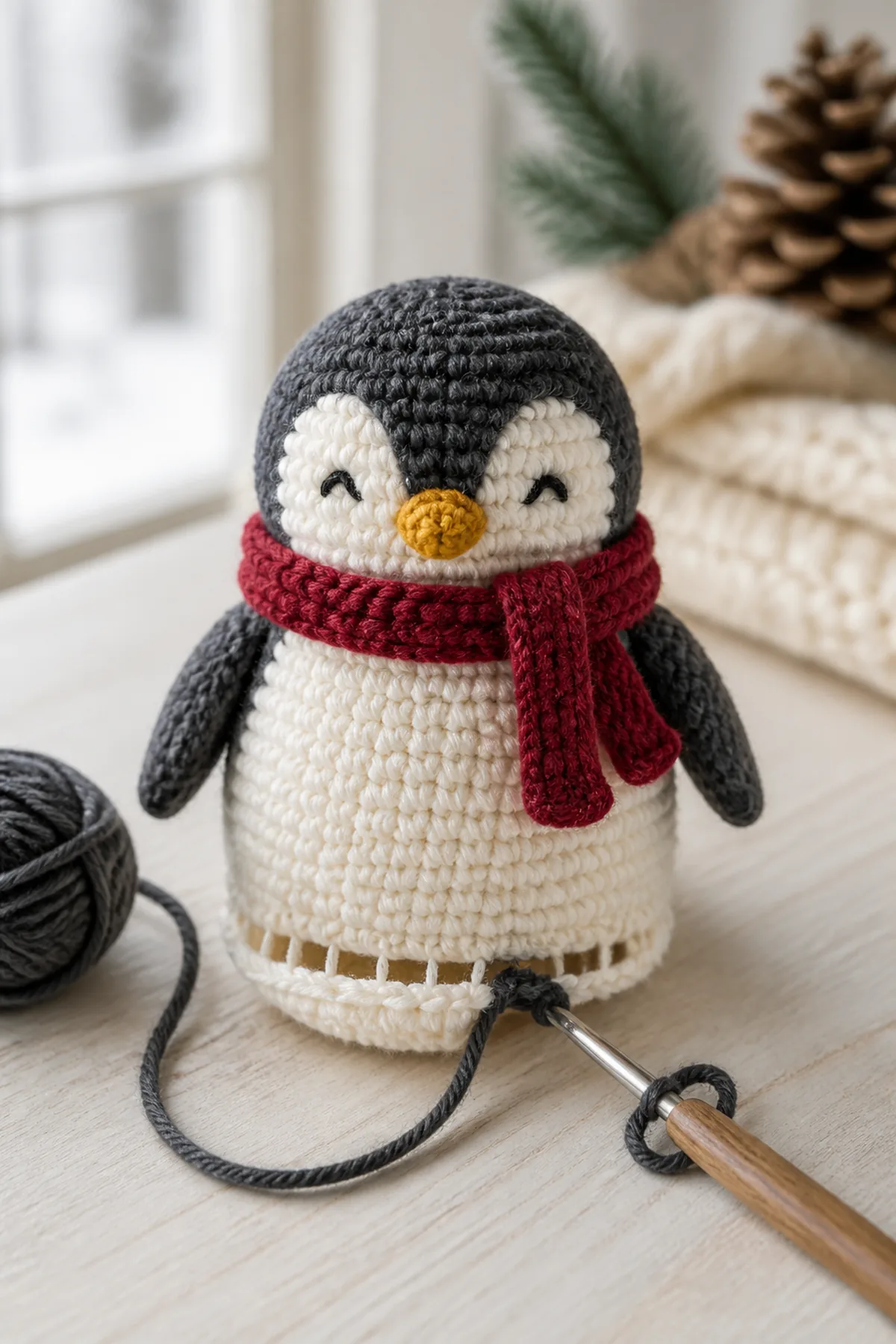 Early crochet construction stage of the crochet christmas penguin amigurumi