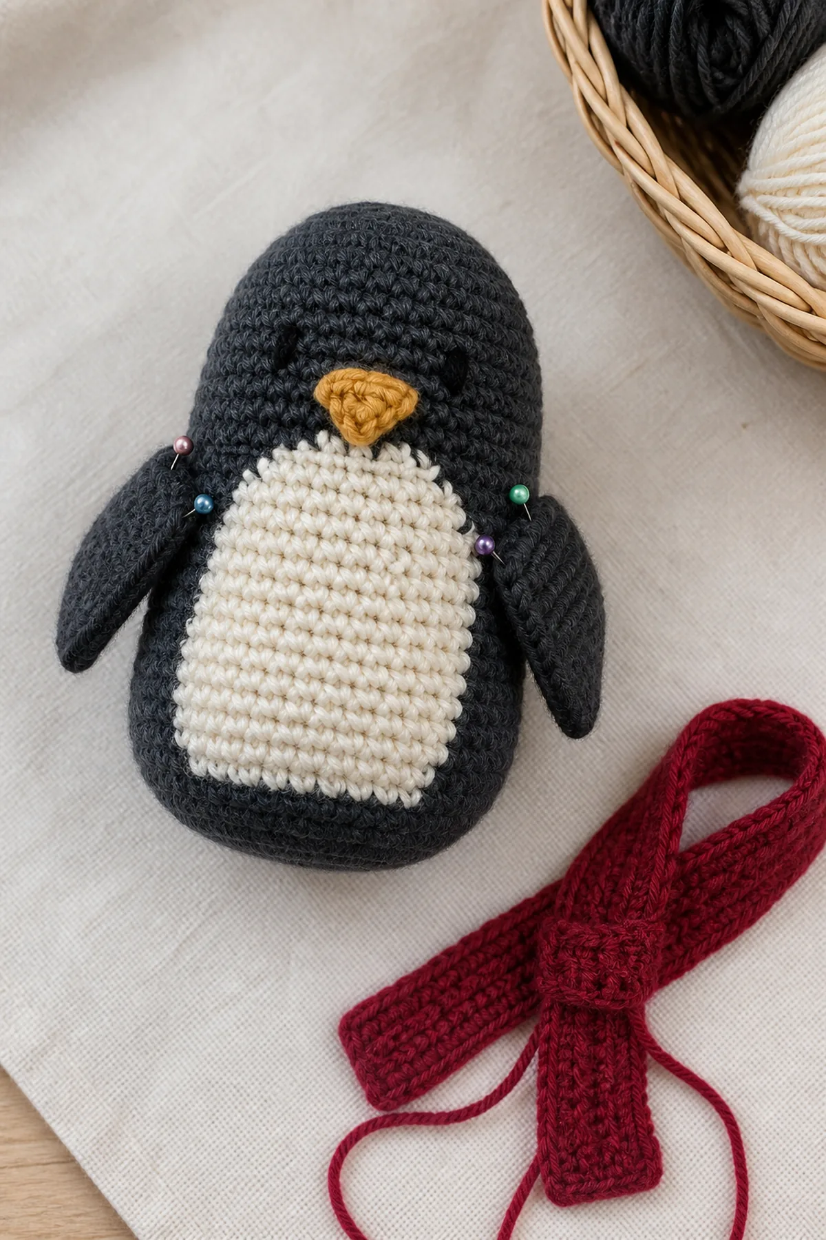 Later shaping and assembly stage of the crochet christmas penguin amigurumi