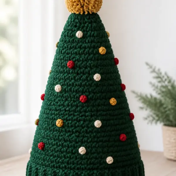 Finished deep evergreen conical hat with small cranberry, gold, and cream yarn bobbles and a gold star-free pompom photographed in natural daylight
