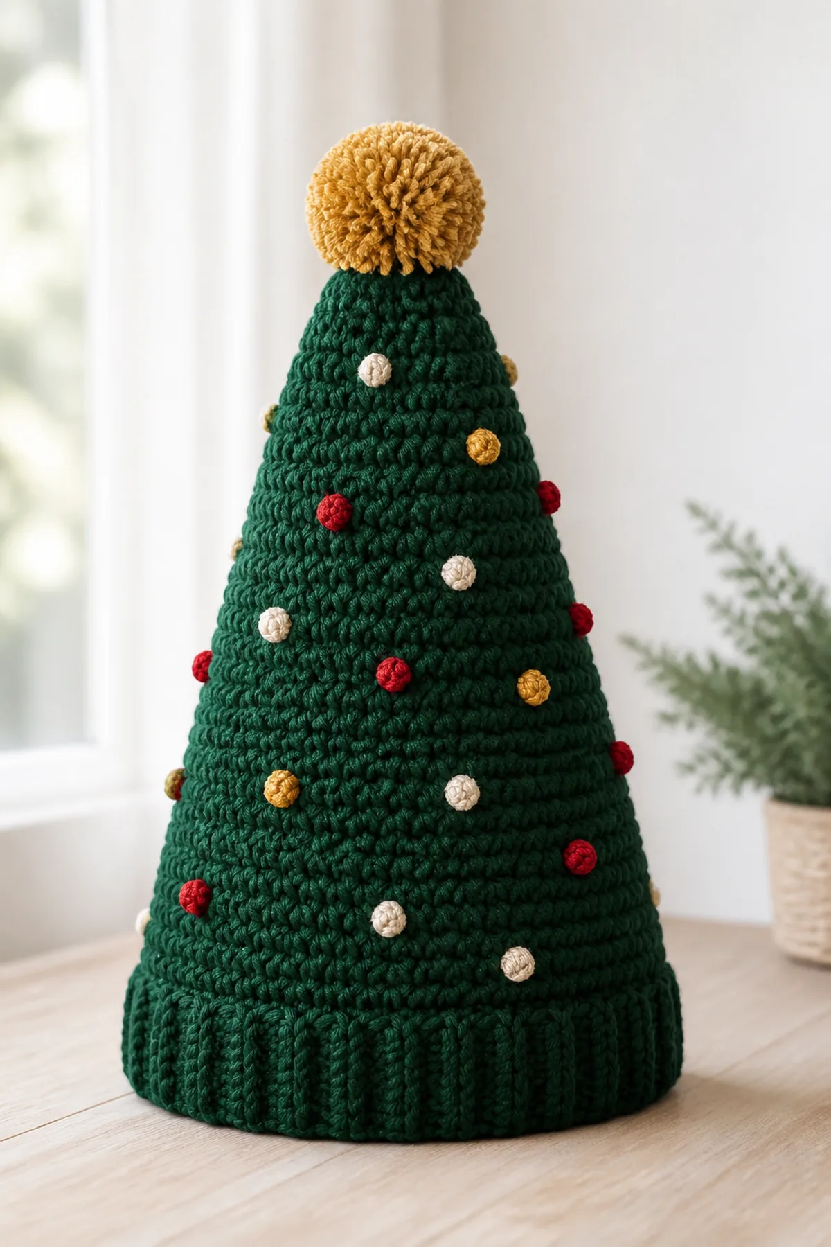 Finished deep evergreen conical hat with small cranberry, gold, and cream yarn bobbles and a gold star-free pompom photographed in natural daylight