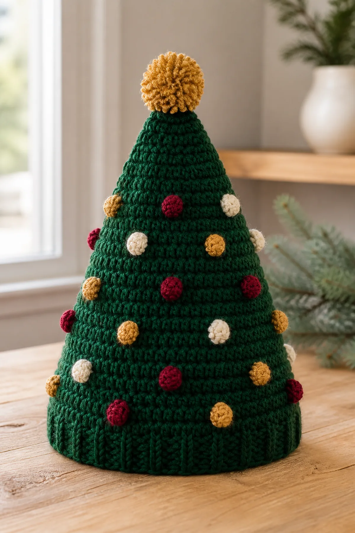 Completed crochet christmas tree hat styled in a clean finished setting
