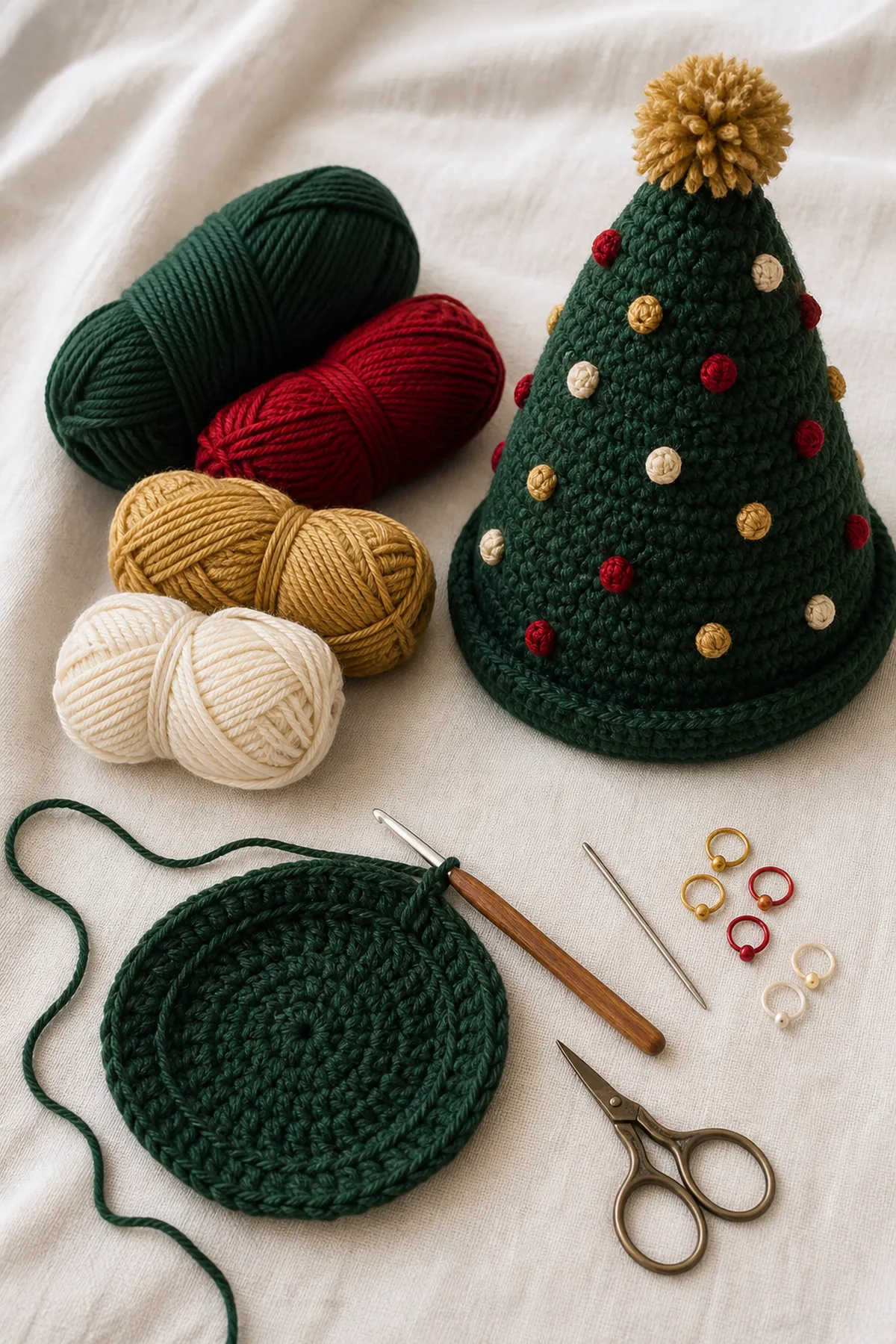 Yarn, crochet hook, and notions arranged for the crochet christmas tree hat