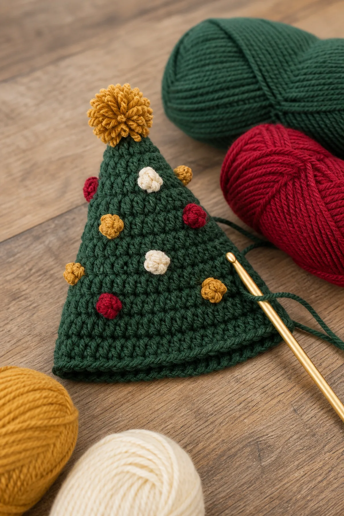 Early crochet construction stage of the crochet christmas tree hat