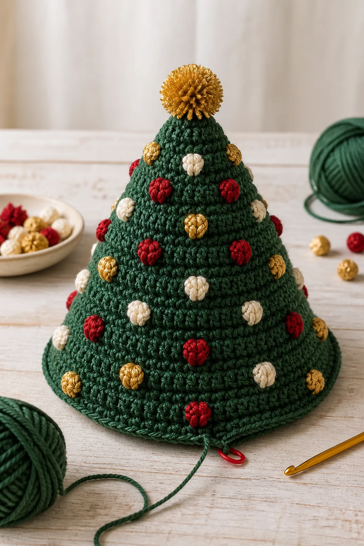 Later shaping and assembly stage of the crochet christmas tree hat