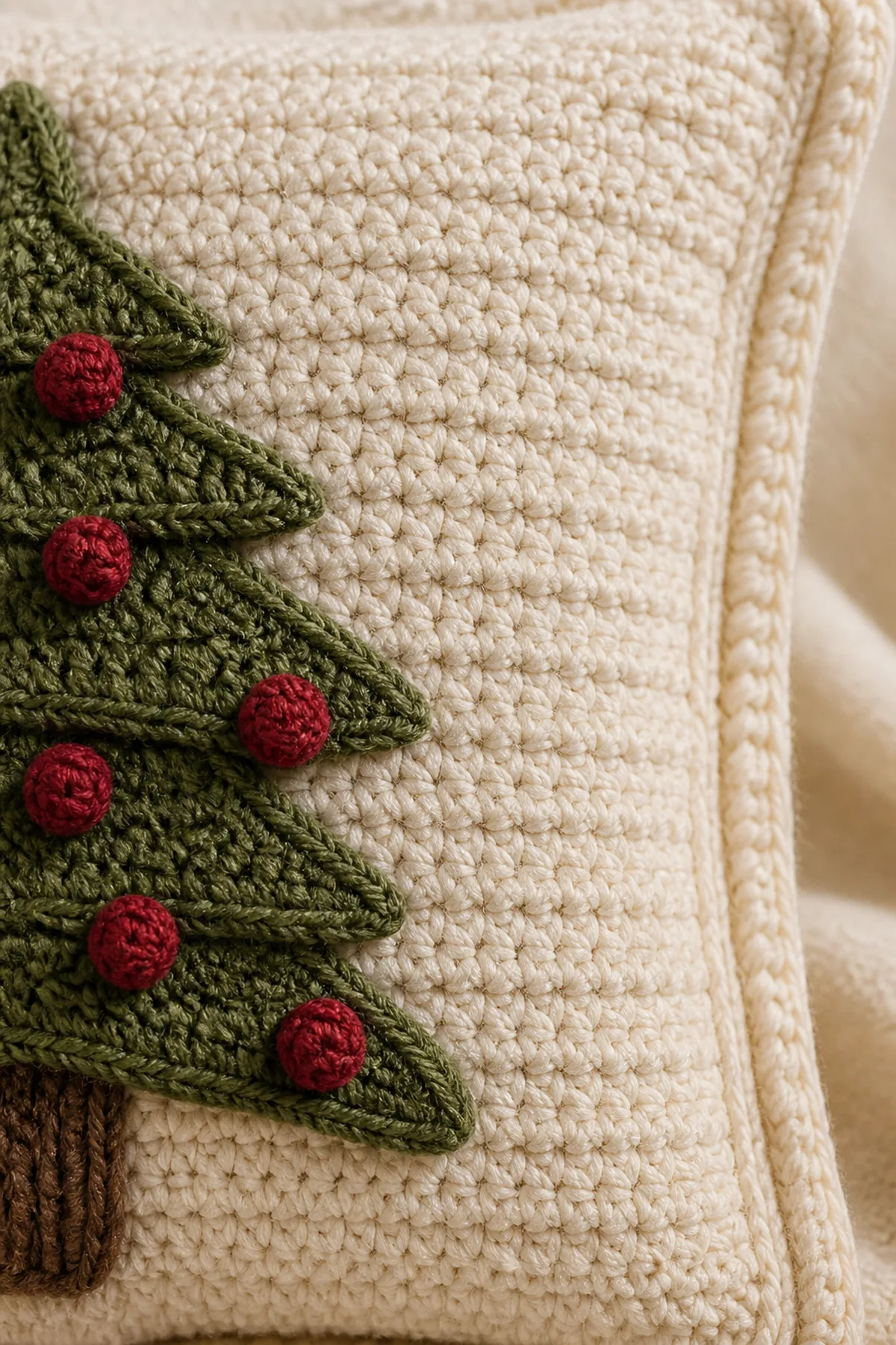 Close view of the stitches and finishing details on the crochet christmas tree pillow