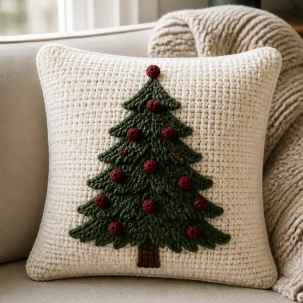 Finished cream rectangular pillow with a simple raised evergreen tree and small cranberry bobble ornaments photographed in natural daylight