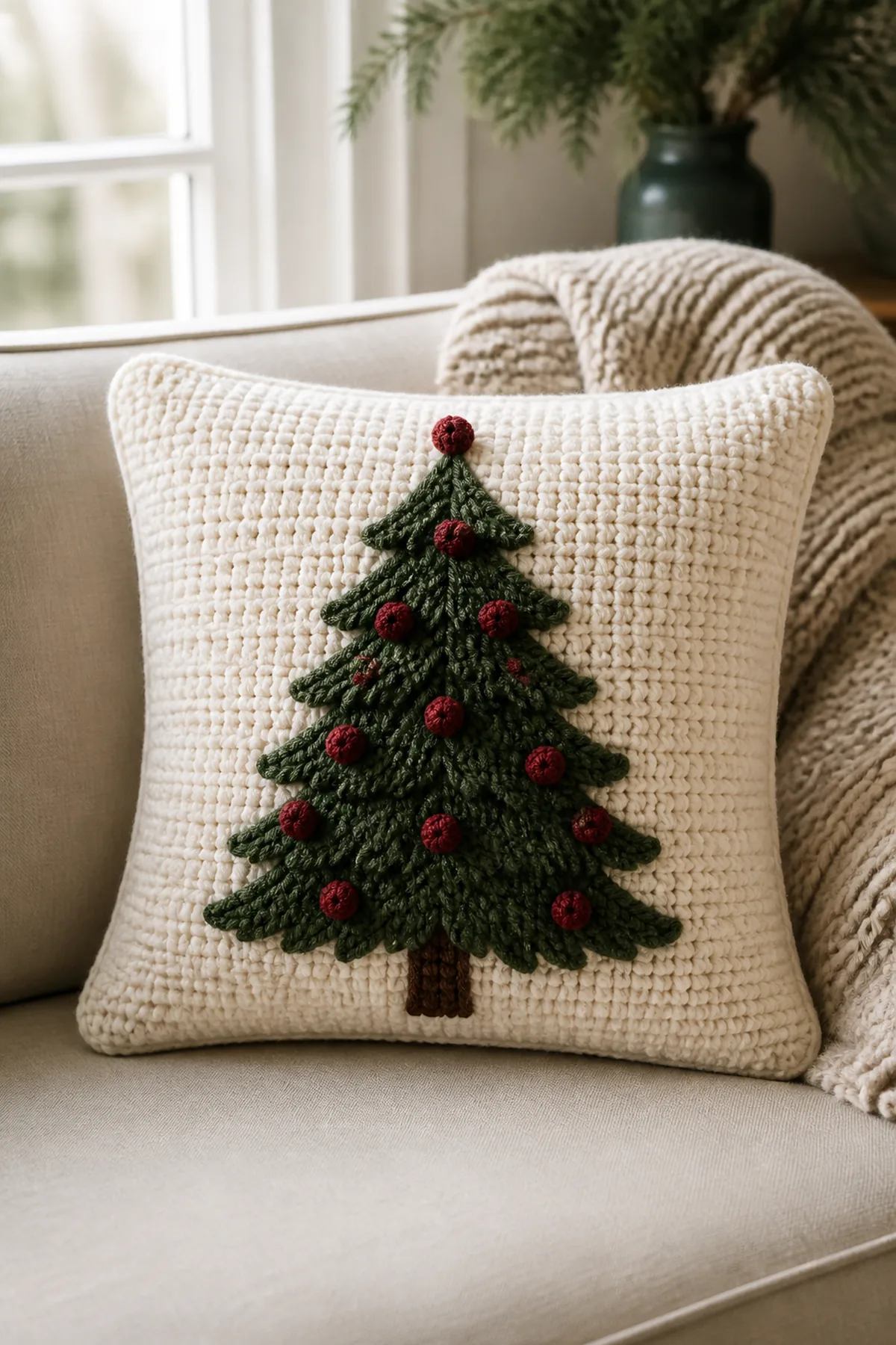 Finished cream rectangular pillow with a simple raised evergreen tree and small cranberry bobble ornaments photographed in natural daylight