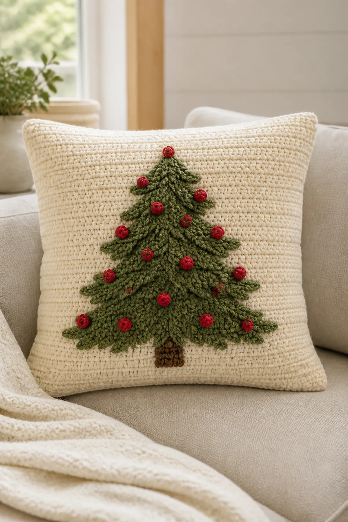Completed crochet christmas tree pillow styled in a clean finished setting