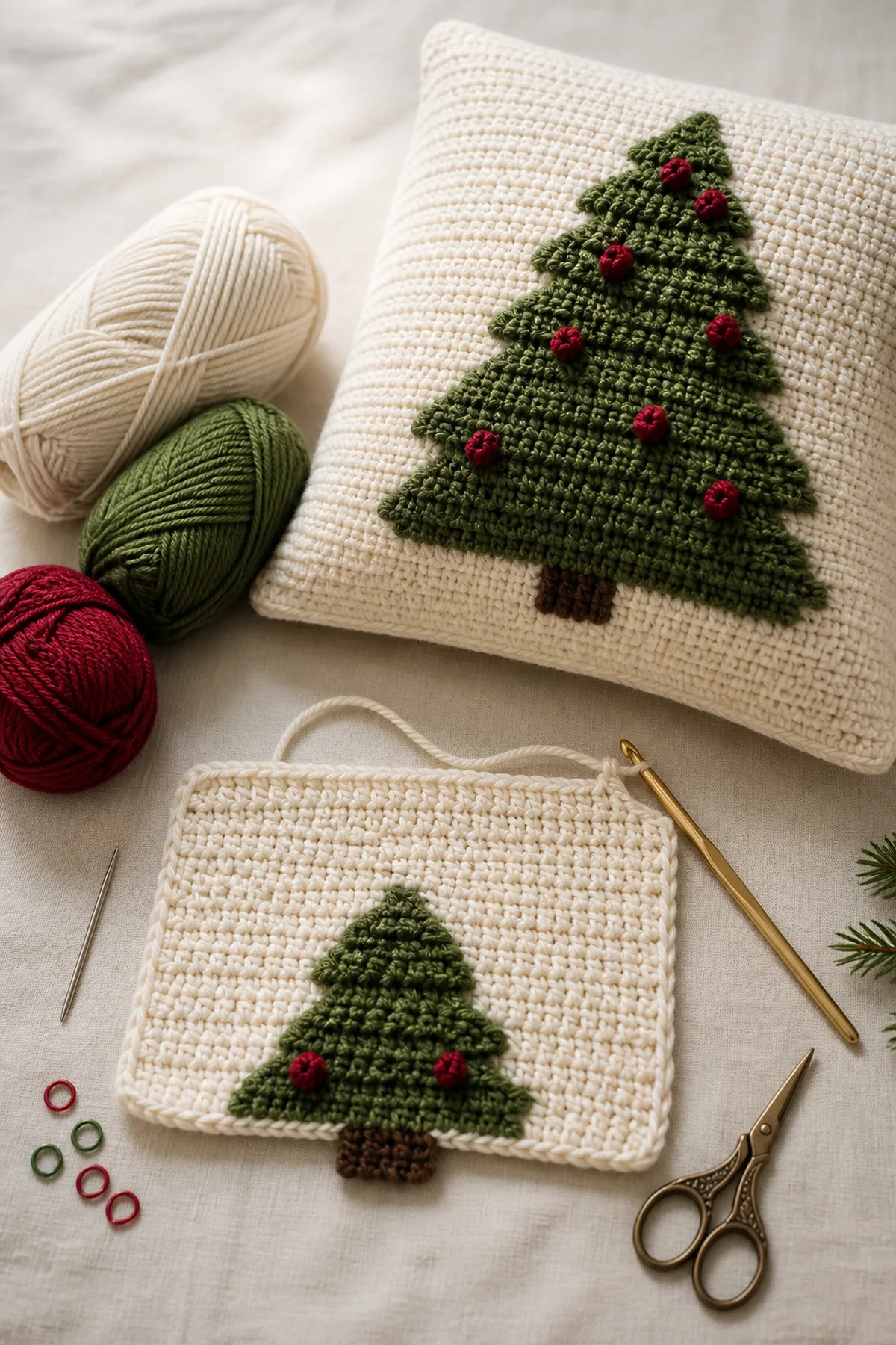 Yarn, crochet hook, and notions arranged for the crochet christmas tree pillow