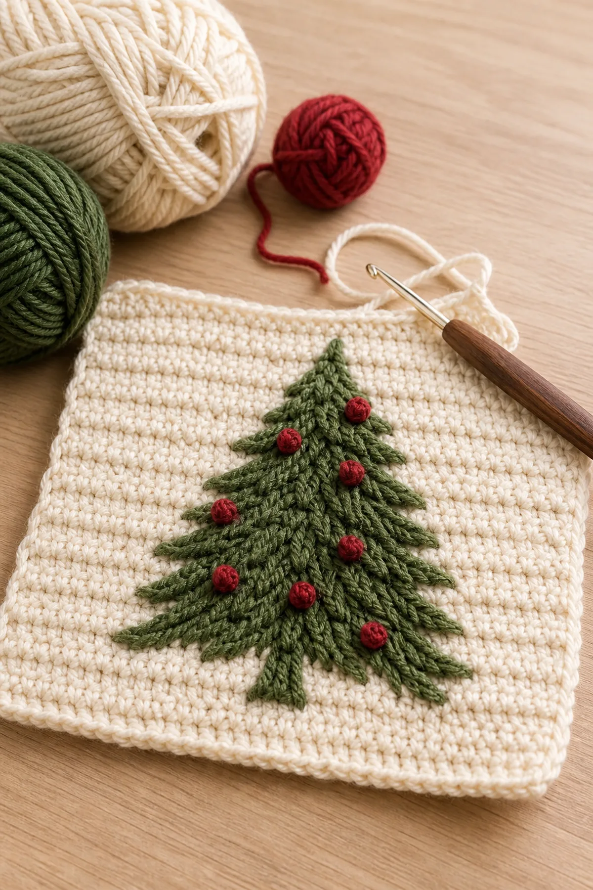 Early crochet construction stage of the crochet christmas tree pillow