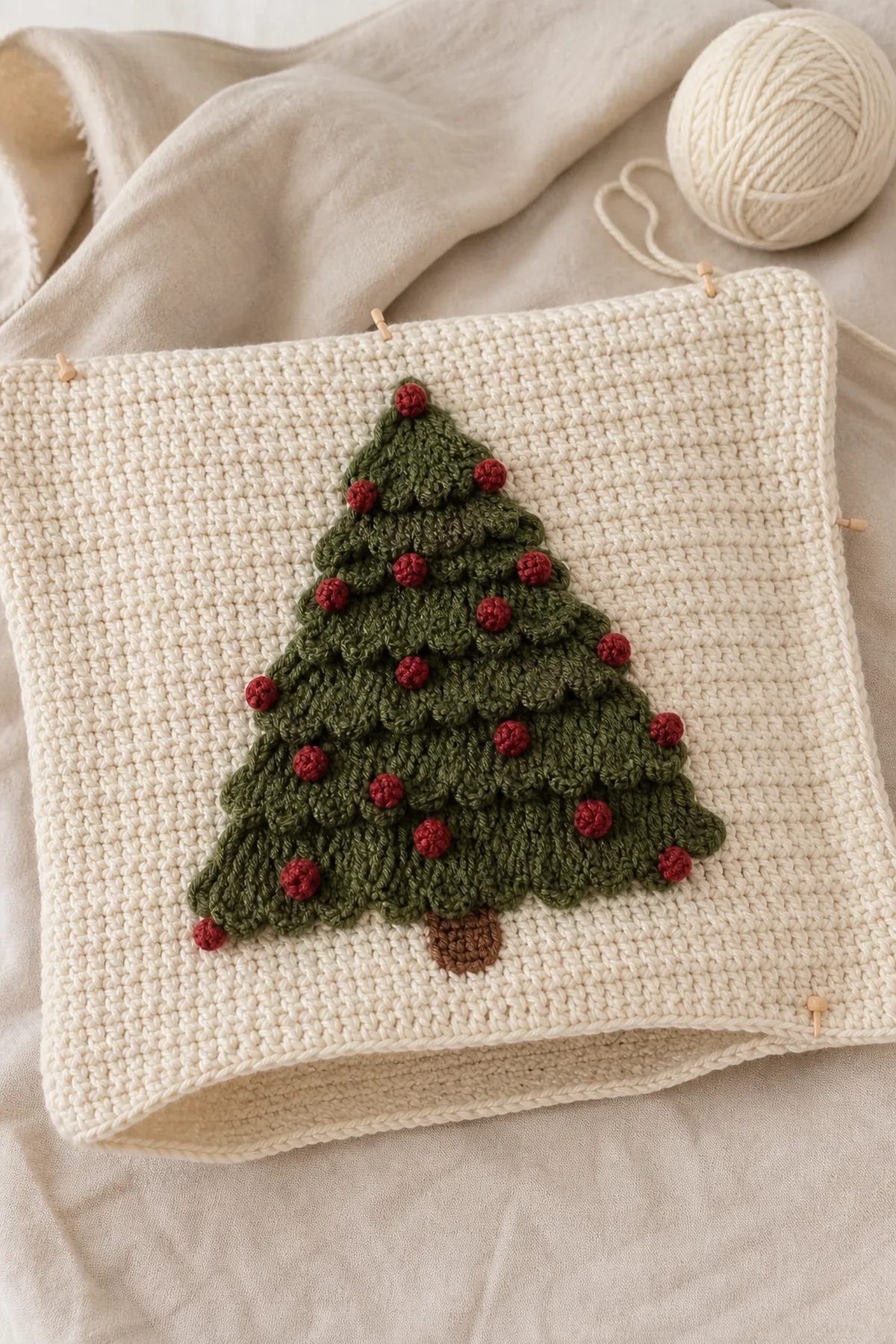 Later shaping and assembly stage of the crochet christmas tree pillow
