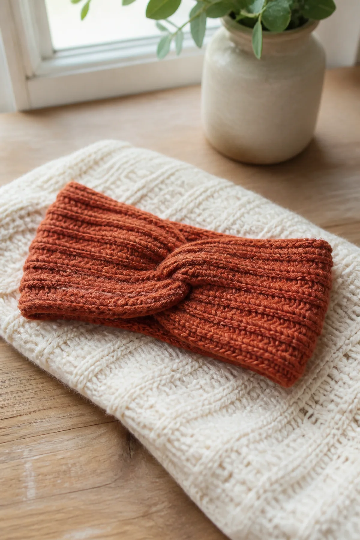 Completed textured crochet fall headband styled in a clean finished setting