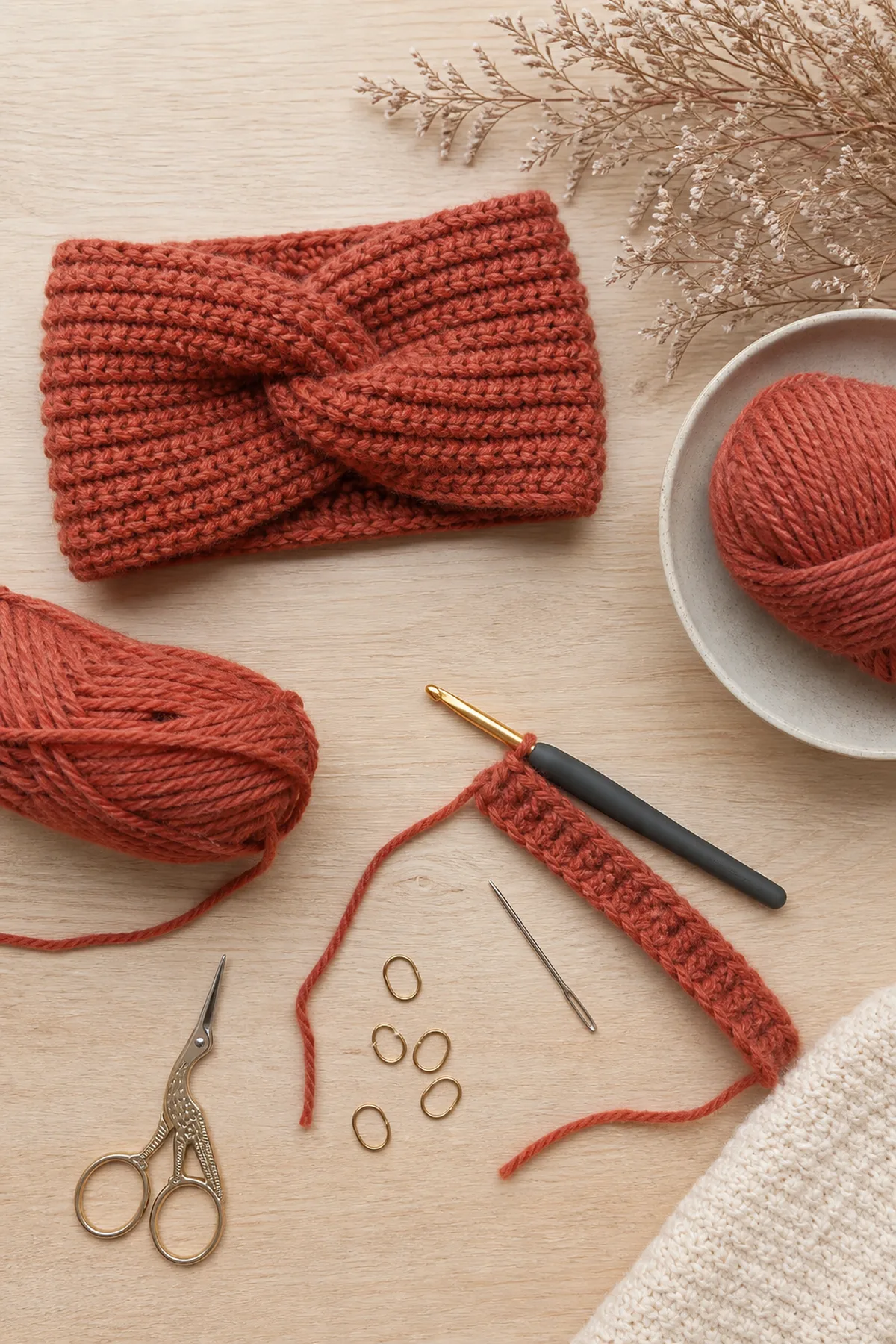 Yarn, crochet hook, and notions arranged for the textured crochet fall headband
