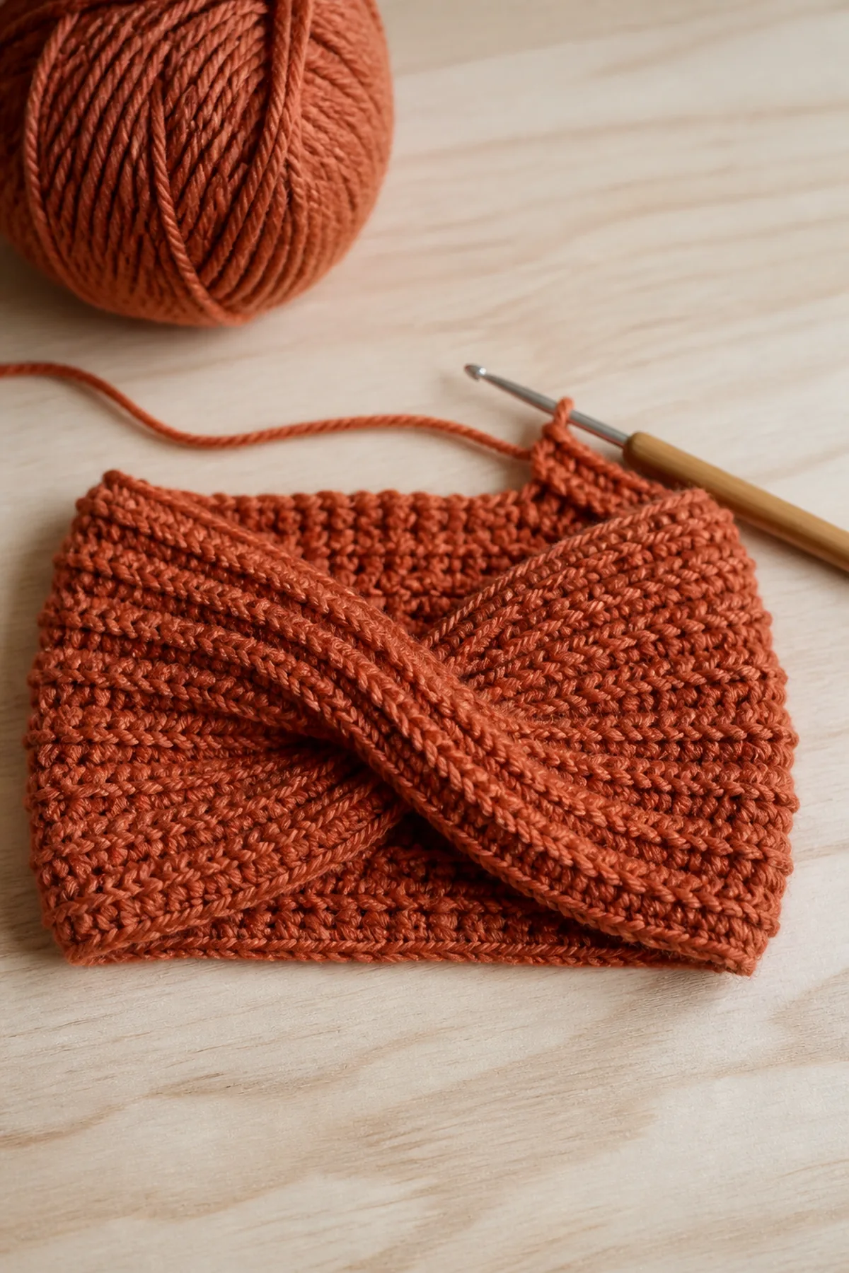Early crochet construction stage of the textured crochet fall headband