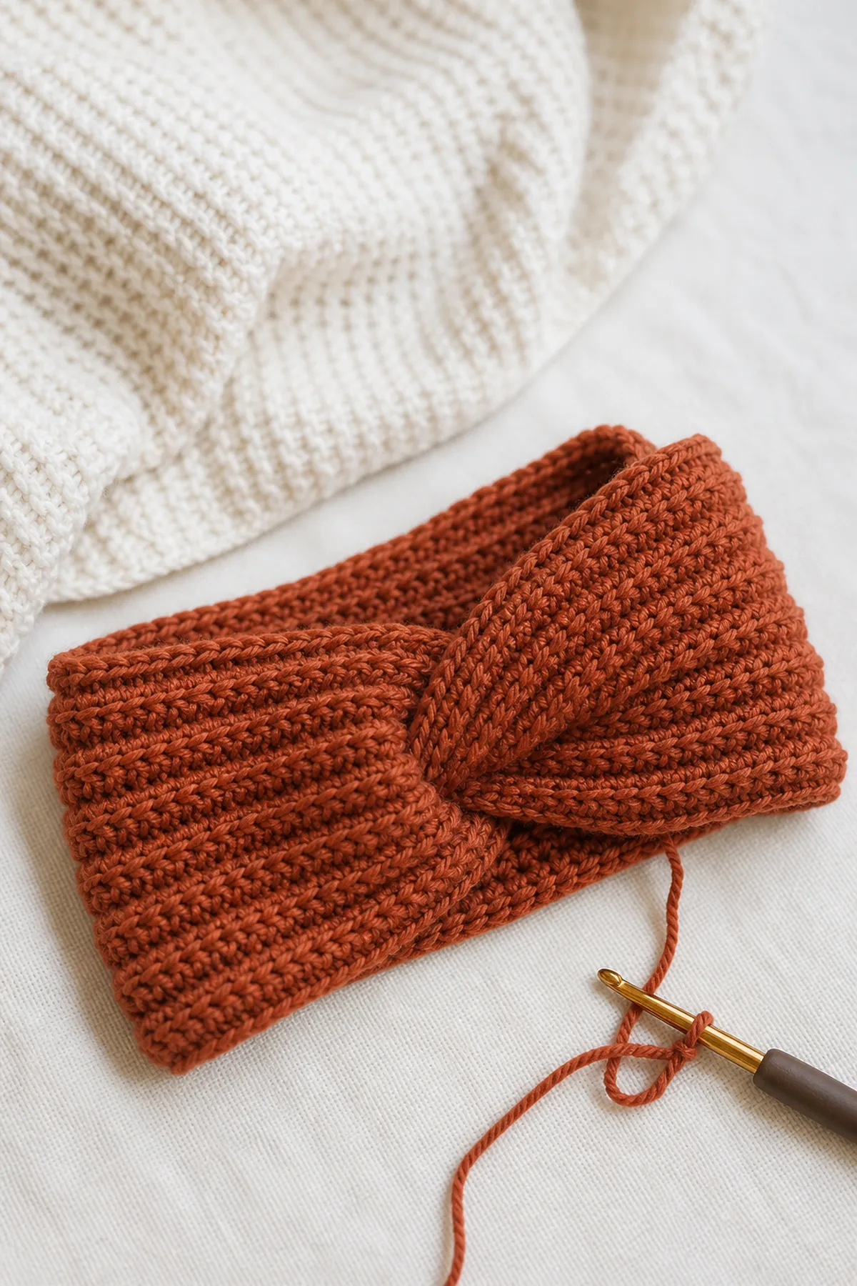 Later shaping and assembly stage of the textured crochet fall headband