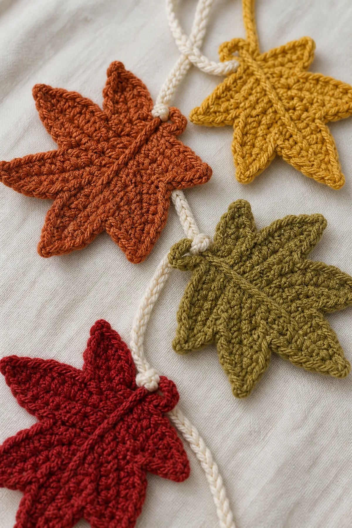 Close view of the stitches and finishing details on the crochet fall leaf garland