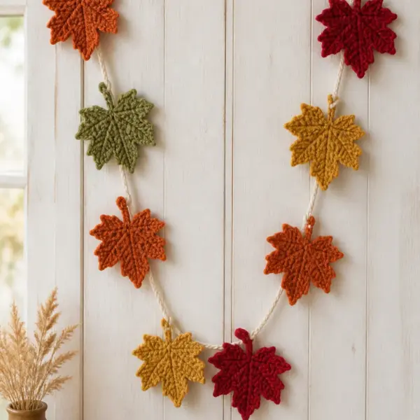 Finished maple-inspired leaves in rust, mustard, olive, and deep red on a natural cream cord photographed in natural daylight