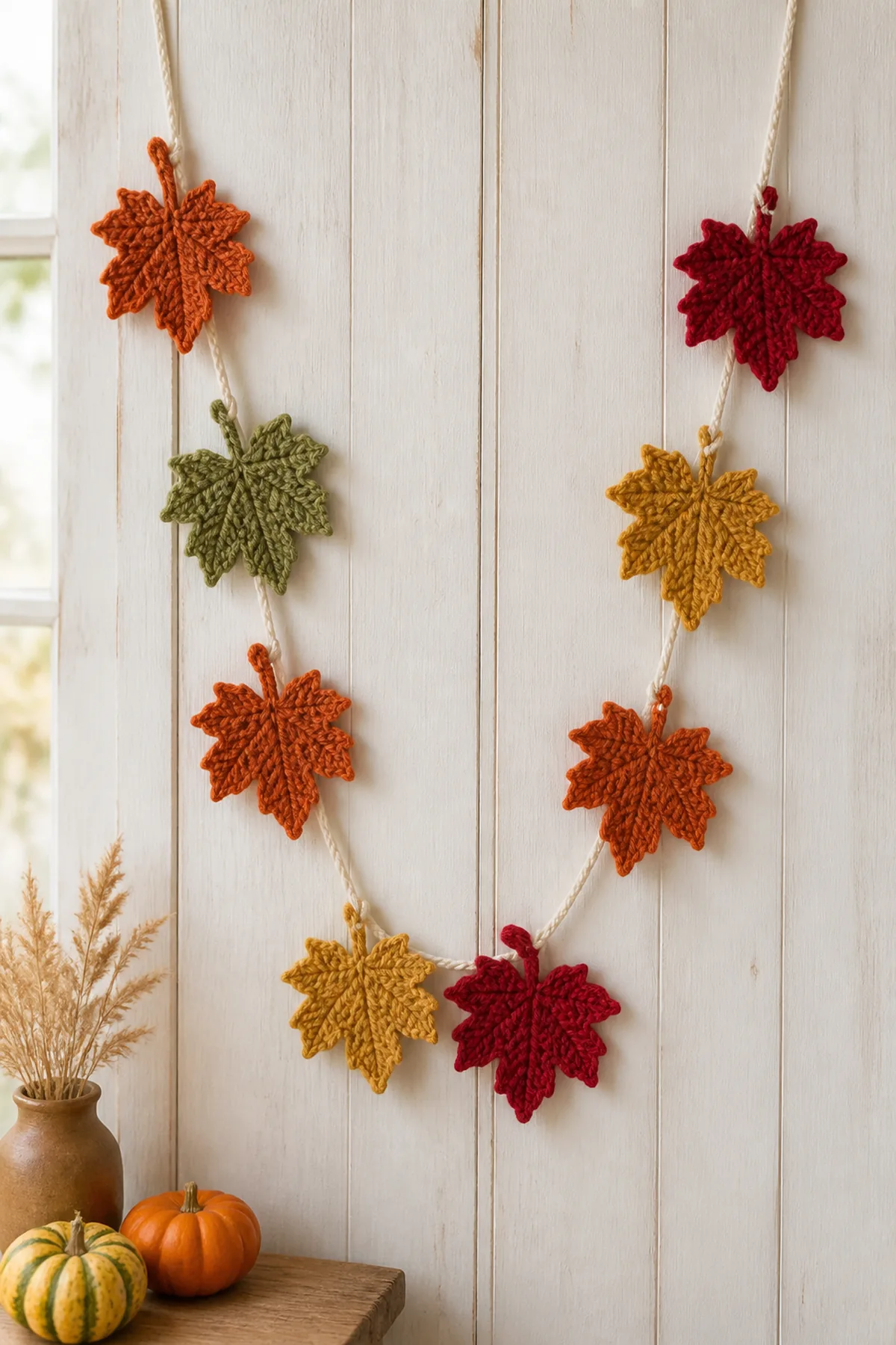 Finished maple-inspired leaves in rust, mustard, olive, and deep red on a natural cream cord photographed in natural daylight