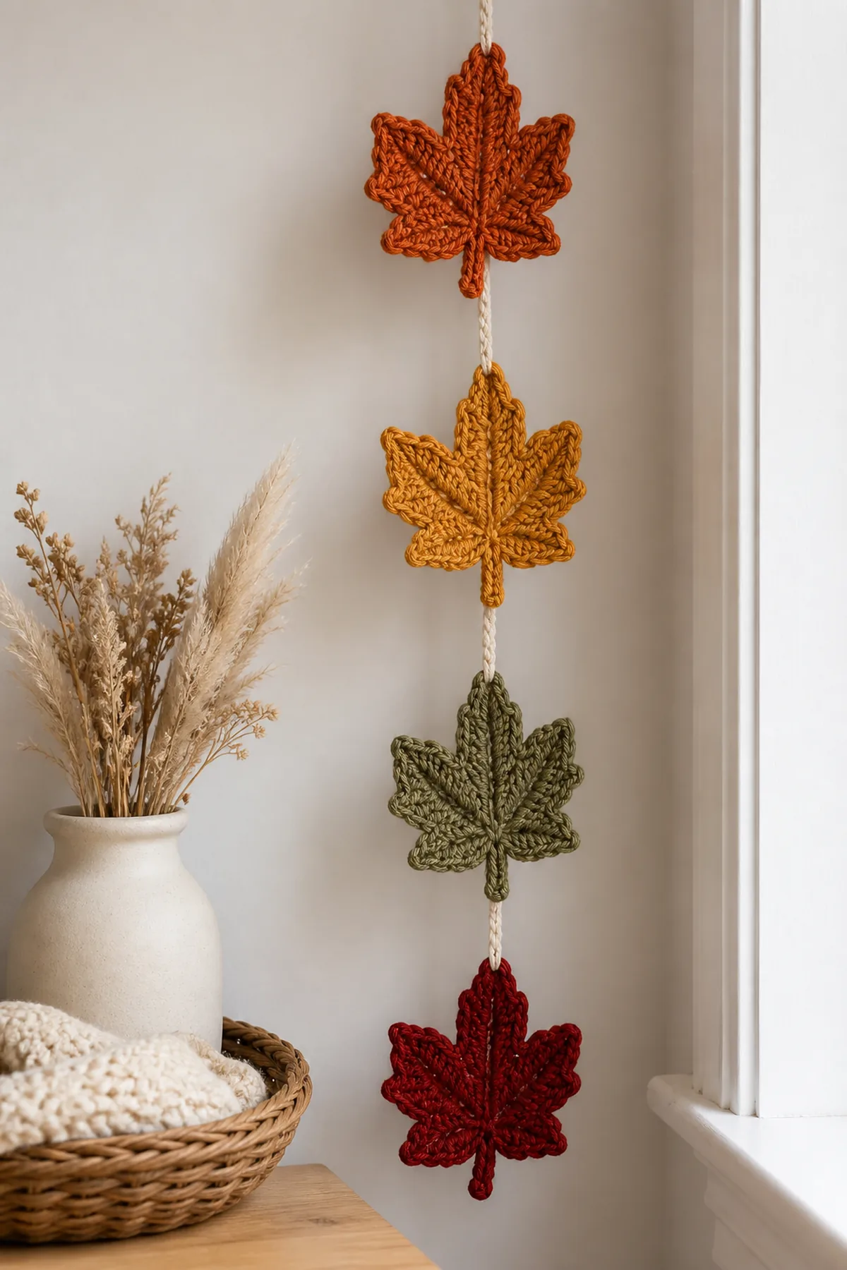 Completed crochet fall leaf garland styled in a clean finished setting