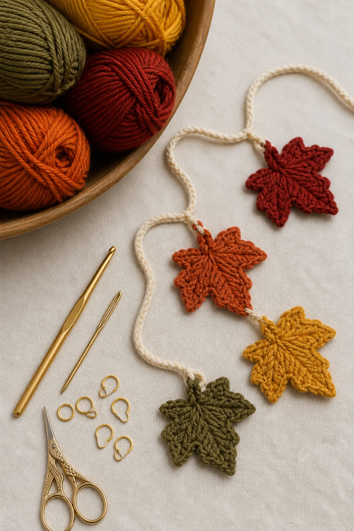 Yarn, crochet hook, and notions arranged for the crochet fall leaf garland