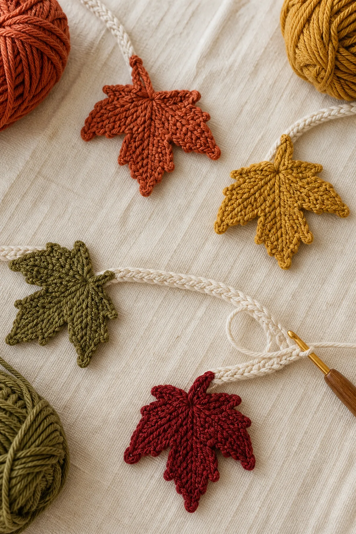 Early crochet construction stage of the crochet fall leaf garland