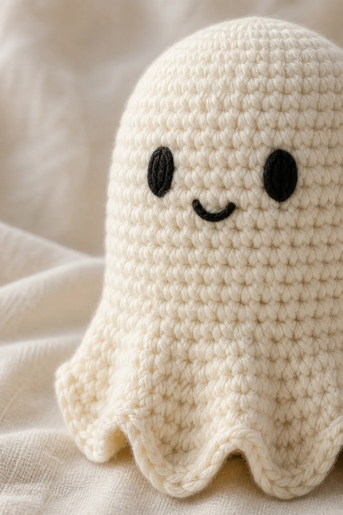 Close view of the stitches and finishing details on the crochet ghost amigurumi