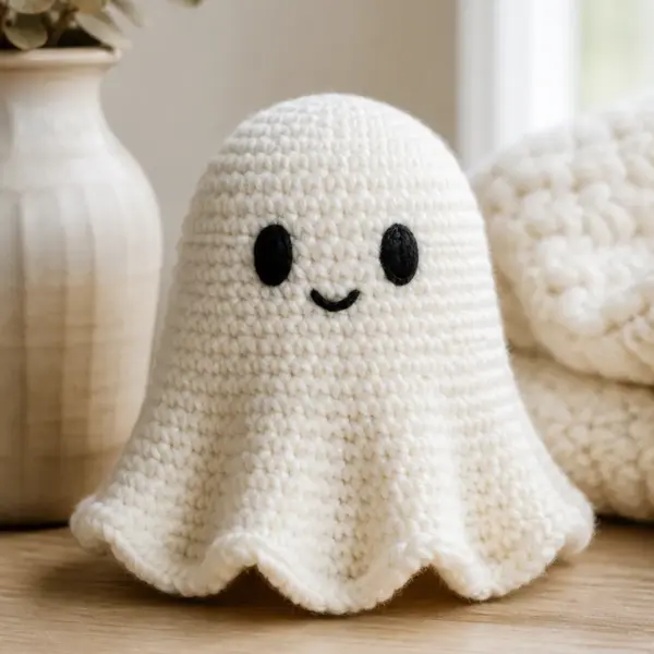 Finished soft ivory ghost with two black embroidered oval eyes and a tiny curved mouth photographed in natural daylight