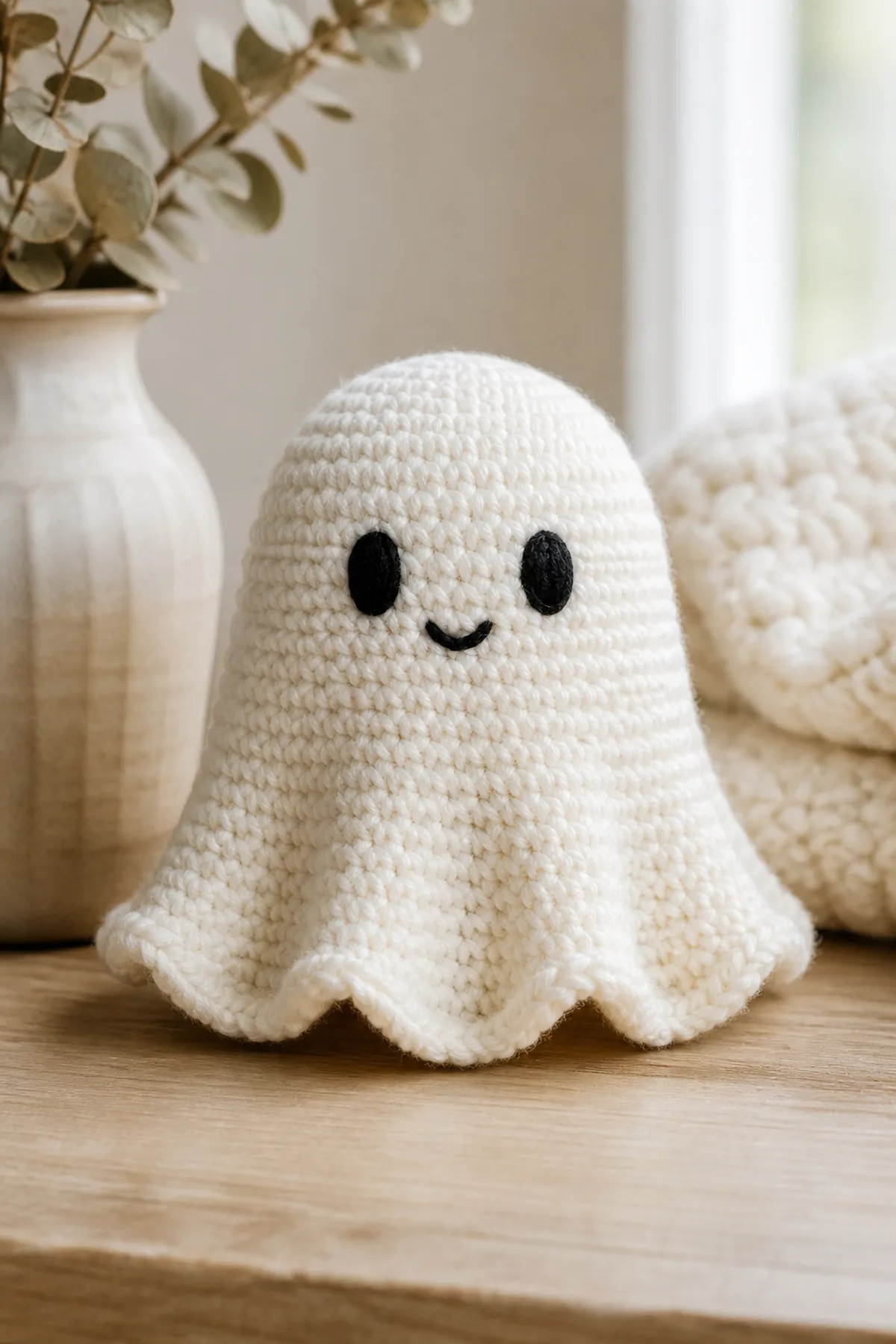 Finished soft ivory ghost with two black embroidered oval eyes and a tiny curved mouth photographed in natural daylight