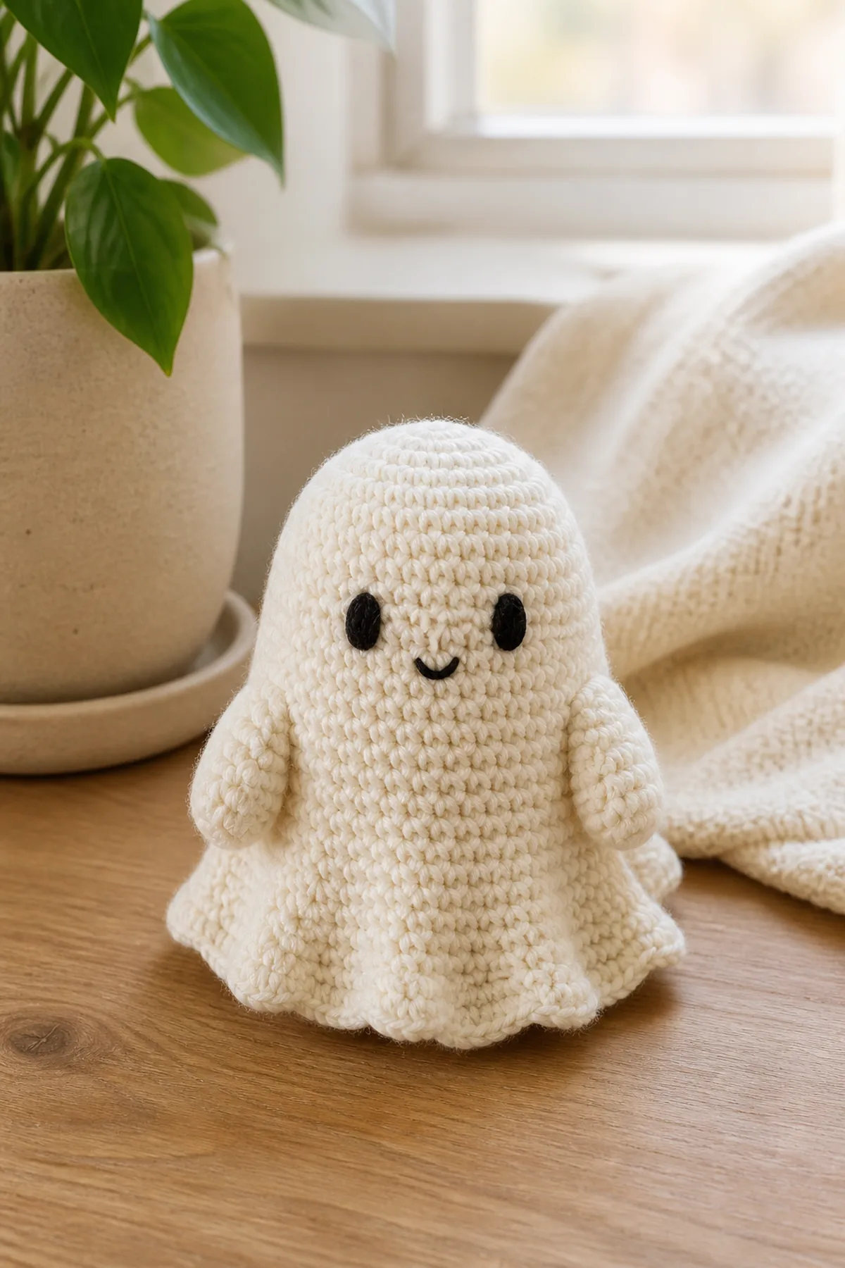 Completed crochet ghost amigurumi styled in a clean finished setting