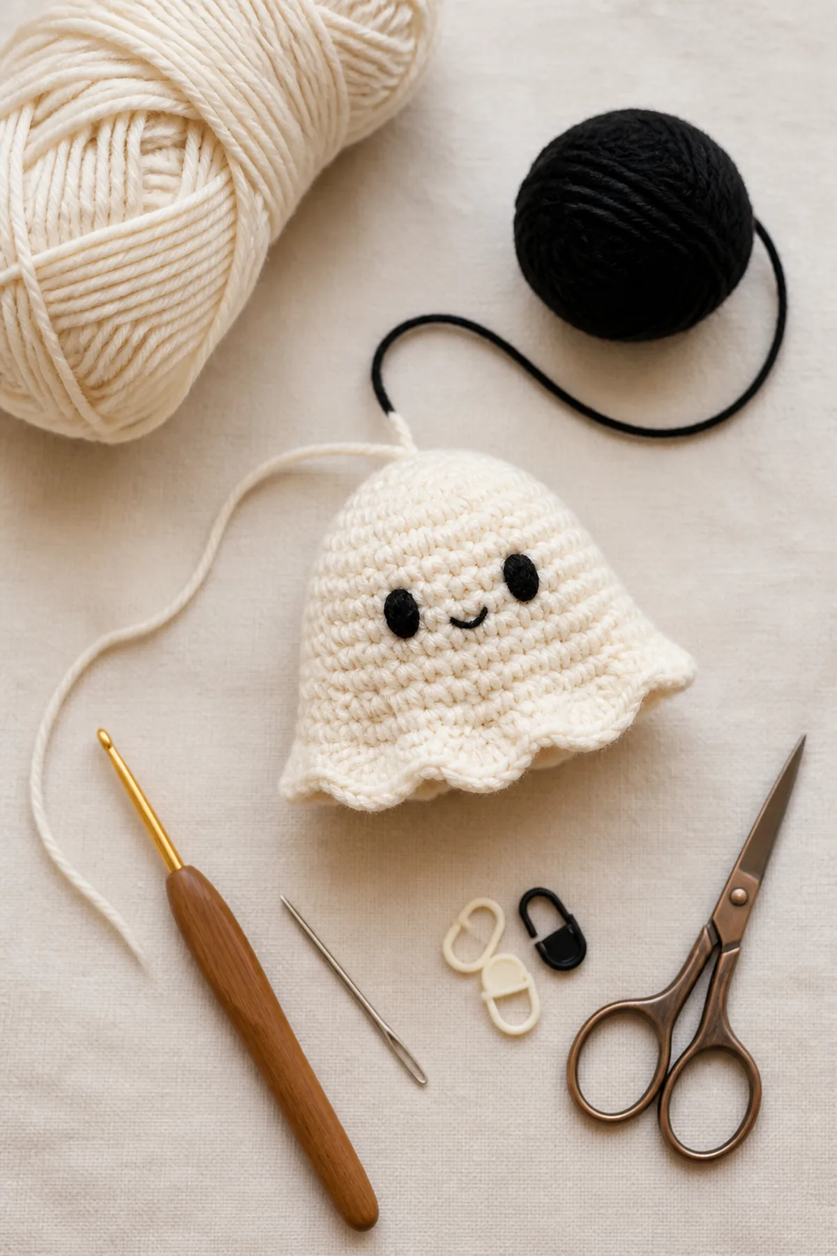 Yarn, crochet hook, and notions arranged for the crochet ghost amigurumi
