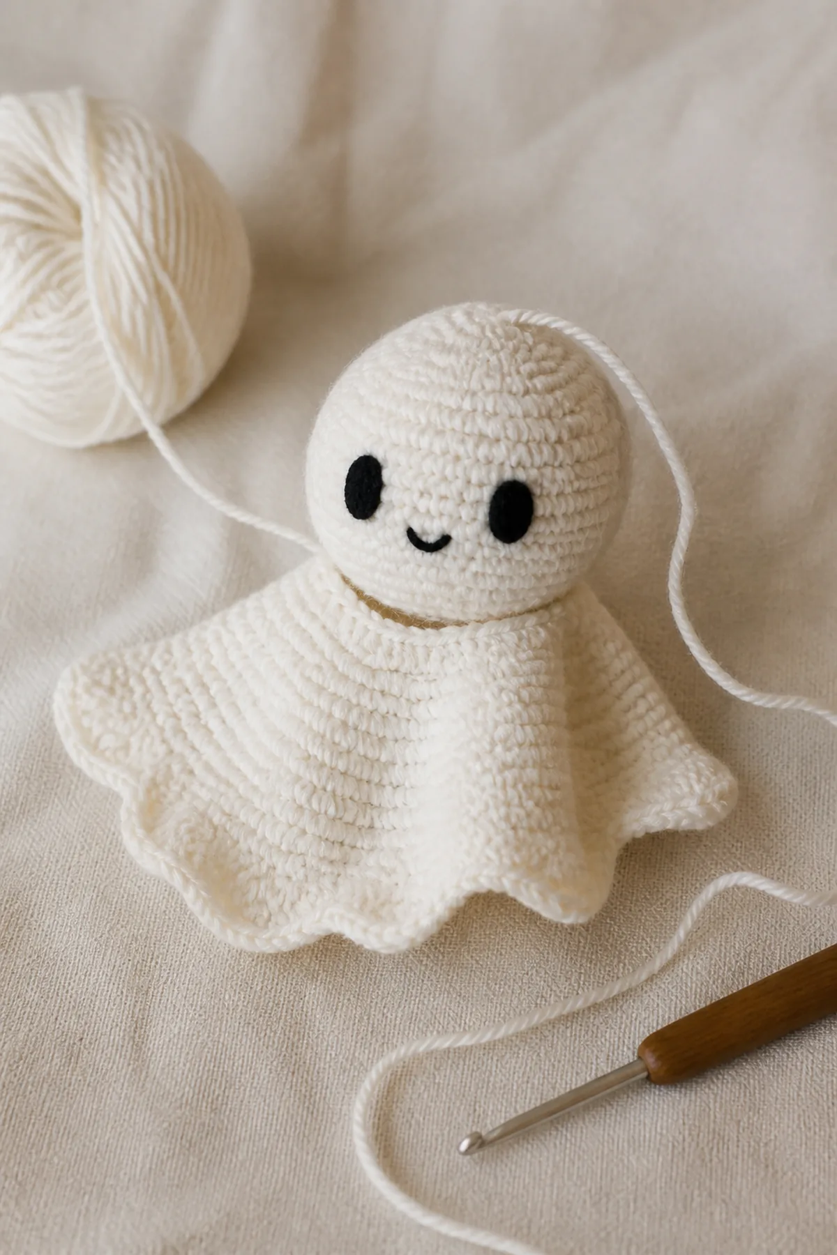Later shaping and assembly stage of the crochet ghost amigurumi