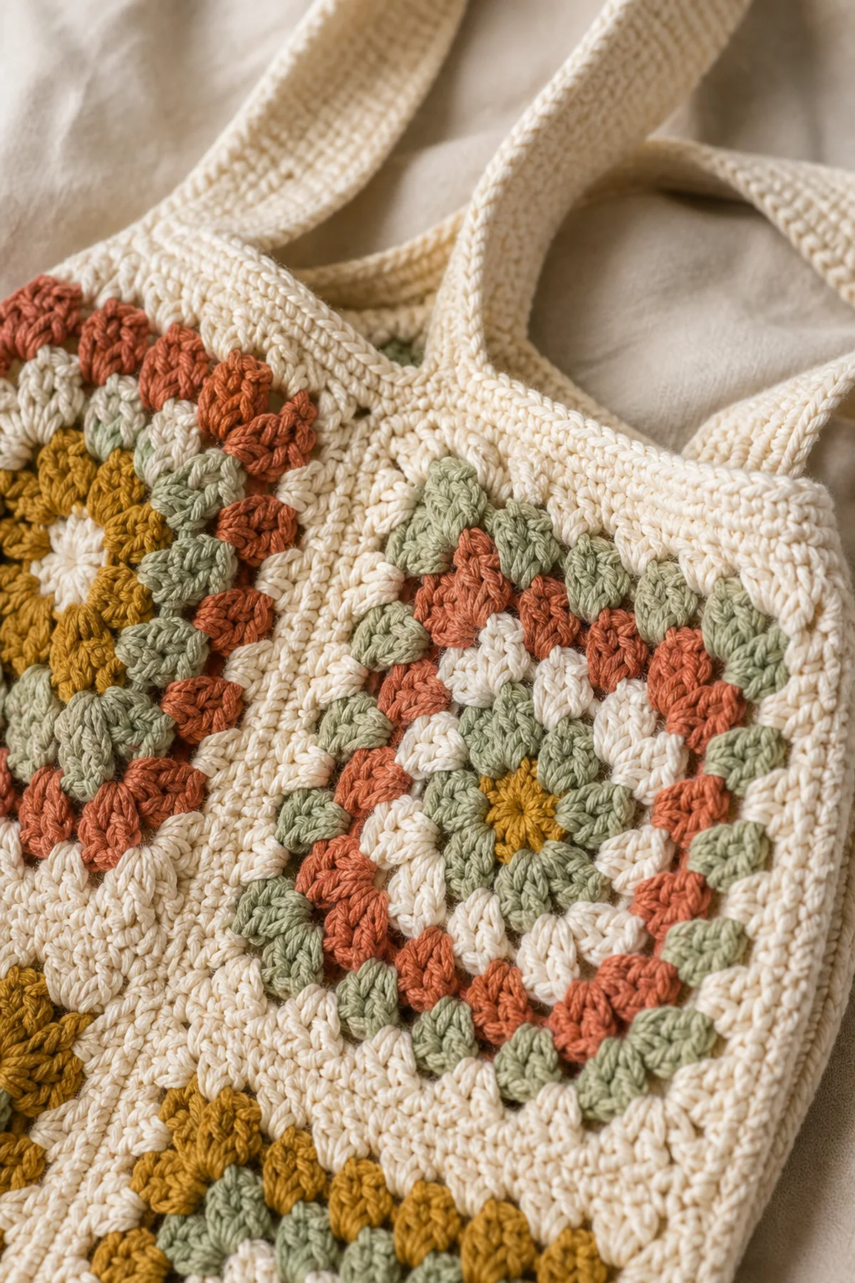 Close view of the stitches and finishing details on the crochet granny square tote bag